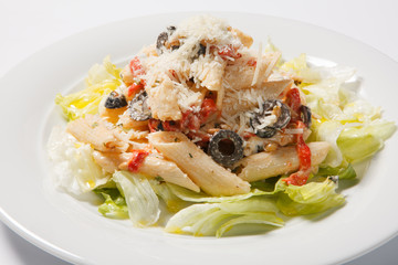 Pasta. Penne Pasta with Bolognese Sauce, Parmesan Cheese and lettice. Italian Cuisine. Mediterranean food
