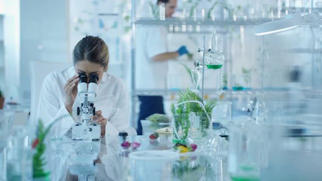  Portrait smiling research scientist working in laboratory