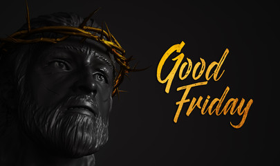 Good Friday Gold Text Jesus Christ Statue with Crown of Thorns 3D Rendering © natanaelginting