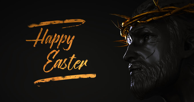 Happy Easter Text Jesus Christ Statue with Gold Crown of Thorns 3D Rendering Side Angle