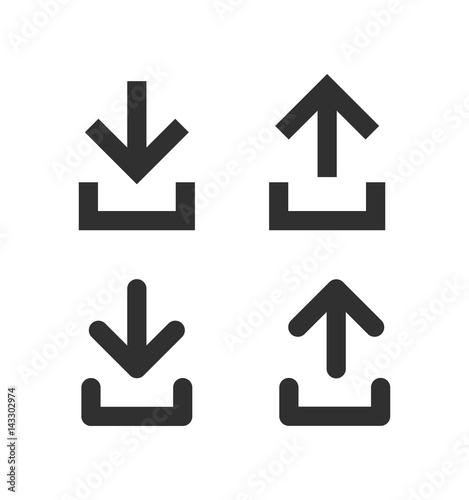 "Download and upload icon isolated on white background. Set arrow icons. Simple black icons in