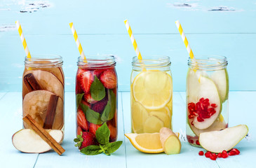Detox fruit infused flavored water. Refreshing summer homemade cocktail. Clean eating