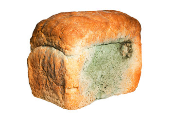 Loaf of bread with mildew isolated on white background