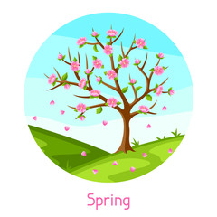 Spring landscape with tree and sakura flowers. Seasonal illustration