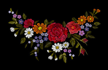 Embroidery colorful floral pattern with dog roses and forget me not flowers. Vector traditional folk fashion ornament on black background.
