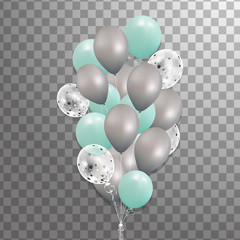 Set of turquoise, silver, white transparent helium balloon isolated in the air . Frosted party balloons for event design. Party decorations for birthday, anniversary, celebration.