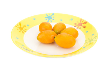 Marian plum in bowl isolated on white background. Mayongchid. Maprang. Marian Plum. Plum Mango