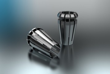3D illustration of metal collets for instruments for heavy industry