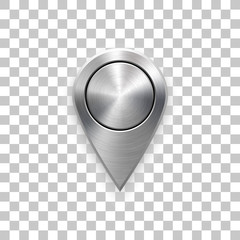 Technology map pointer badge, GPS button template with metal texture, chrome, steel, silver, realistic shadow and transparent background for design concepts, interfaces, apps, web. Vector illustration - 143312526