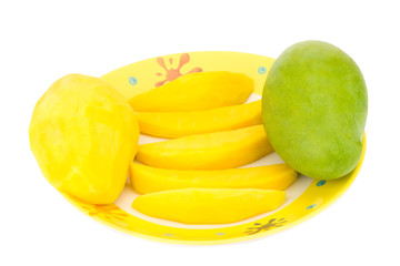 Naklejka na ściany i meble Green mango. Fruit pulp. yellow. isolated on white background