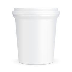 White Food Plastic Tub Bucket Container For Dessert, Yogurt, Ice Cream, Sour Cream Or Snack. Illustration Isolated On White Background. Mock Up Template Ready For Your Design. Product Packing 