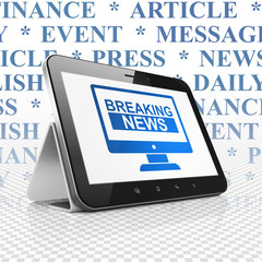 News concept: Tablet Computer with Breaking News On Screen on display