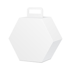 White Cardboard Hexagon Carry Box Bag Packaging With Handle For Food, Gift Or Other Products. On White Background Isolated. Ready For Your Design. Product Packing Vector EPS10