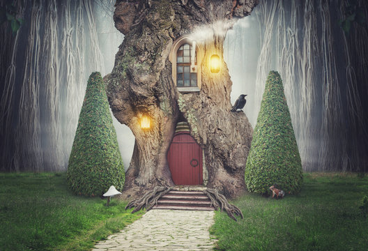 Fototapeta Fairy tree house in fantasy forest