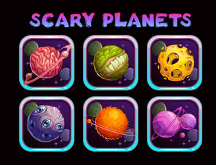 Cartoon scary planet app icons set.