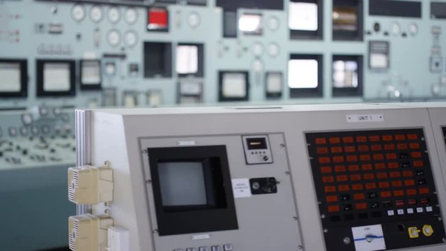  Close up on computer control panel in power plant control room. No people. 