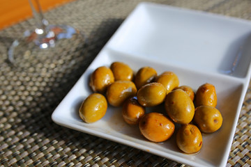 bowl with green olives- traditional spanish tapa