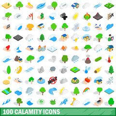 100 calamity icons set, isometric 3d style