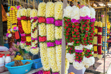 Flower stall selling garlands for Indian