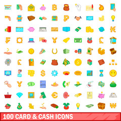 100 card and cash icons set, cartoon style