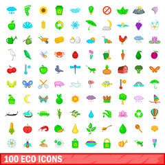 100 eco icons set, cartoon style
