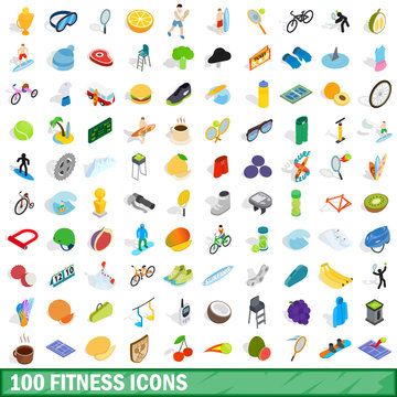 100 fitness icons set, isometric 3d style