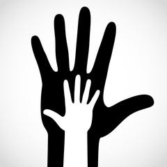 Black color big hand and white small hand concept. Help symbol hands support emblem. Hands icon illustration. Education, health care, medical, design element.