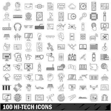 100 hi-tech icons set, outline style