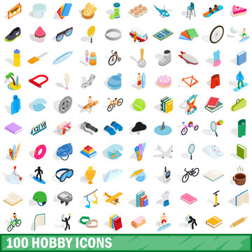 100 hobby icons set, isometric 3d style