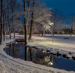 White snow winter night park with pond, bridge and lantern