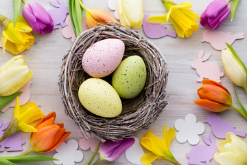 Easter and spring decoration, flowers and eggs.