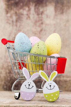 Easter eggs in the cart. Spring discount card.