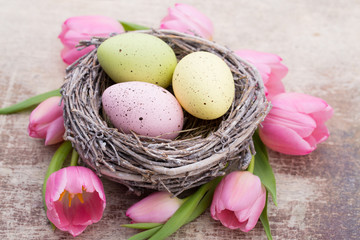 Obraz na płótnie Canvas Easter eggs in the nest. Spring flowers tulips.