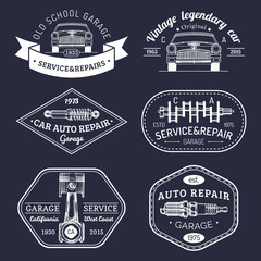 Fototapeta premium Garage logos set. Car repair emblems collection. Vector vintage sketched auto service signs for advertising posters etc.