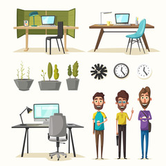 Modern workplaces. Creative characters. Office work. Cartoon vector illustration