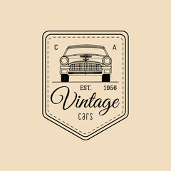 Car repair logo with retro automobile illustration. Vector vintage hand drawn garage, auto service ad poster, card etc.
