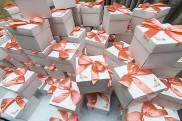 boxes with gifts and ribbons, horizontal frame