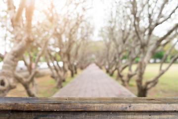 Fototapeta premium Product display montage of Empty wooden table and blurred mountain view or forest background