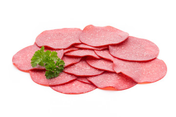Salami smoked sausage one slice isolated on white background cutout.