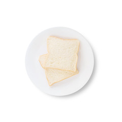 Closeup two slice bread on white dish for breakfast with shadow isolated on white background