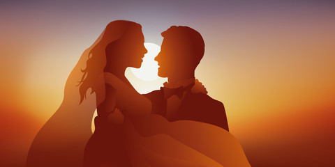 mariés - mariage - faire-part - couple - amoureux - Coucher de soleil