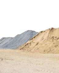 Closeup pile of sand and stone for construction work with ground isolated on white background with clipping path