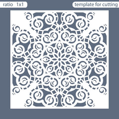 Template square greeting cards laser cut. Suitable for wedding invitations. Template greeting card for cutting plotter. Abstract round pattern. Vector illustrations.