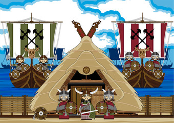 Cartoon Fierce Vikings and Viking Longboats - 143326720