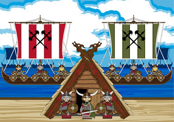 Cartoon Fierce Vikings and Viking Longboats - 143326766