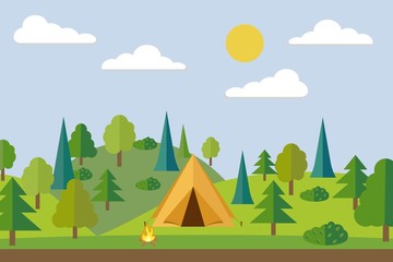 Summer camp. Camping in the forest. Camping tent. Flat style illustration.