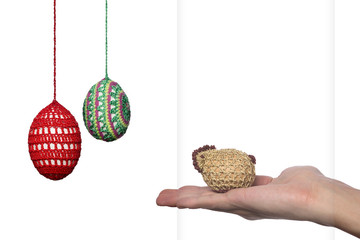 All in one - Hand with chicken egg, with hung eggs and text field