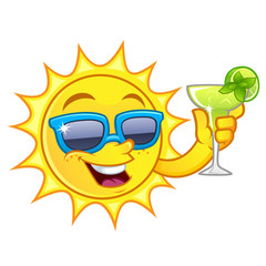 Naklejka premium Funny drawing of a sun, he has a refreshing drink