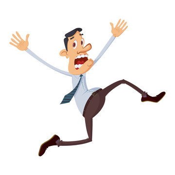 Vector illustration of a cartoon businessman  looks scared, running away from something