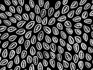 White leaves pattern on black background. Hand drawn vector illustration
